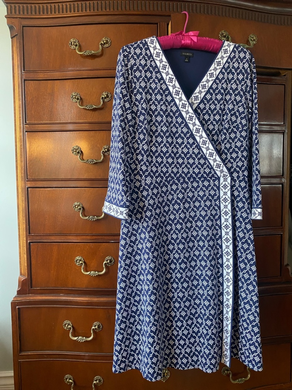Talbots Navy and White Midi Faux-Wrap Dress